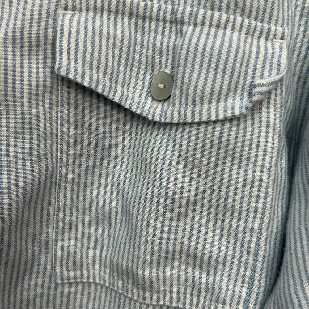 Chico's Shirt Button Up Light Blue Striped Pearl Linen Blend Lagenlook Size 3 - Picture 6 of 7